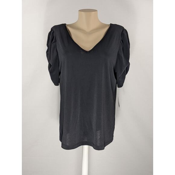 JPR Studio Versatile Ruched Sleeve Top Black L V-Neck Office Relaxed Fit Shirt - Picture 2 of 8